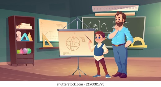 Mathematics classroom in school with teacher and student. Vector cartoon illustration of algebra or geometry lesson in class interior with chalkboard, placard with graph, boy pupil and professor