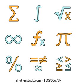 Mathematics color icons set. Math symbols. Algebra. Isolated vector illustrations