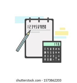 Mathematics concept. Educational set icons. Vector isolated on white. Symbols of mathematics, arithmetic, geometry, drawing. Studying at school. Notebook, calculator, pencil.