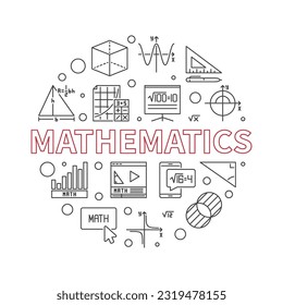 Mathematics concept vector outline circular banner. Math minimal round illustration