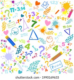 Mathematics concepts background. Concept of education. School vector seamless pattern with math formulas, calculations and figures. Algebra, geometry, statistics, basic maths. Vector Illustration