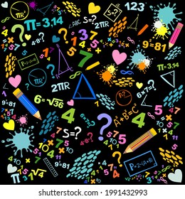 Mathematics concepts background. Concept of education. School vector seamless pattern with math formulas, calculations and figures. Algebra, geometry, statistics, basic maths. Vector Illustration