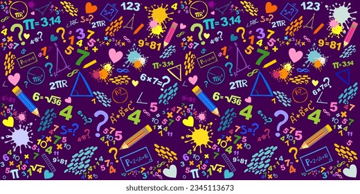 Mathematics concepts background. Concept of education. School vector seamless pattern with math formulas, calculations and figures. Algebra, geometry, statistics, basic maths. Vector Illustration