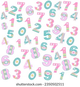 Antecedentes de conceptos matemáticos. Concepto de educación. Patrón sin fisuras en la escuela. Fondo con números multicolor. Elemento de diseño para papel pintado, papel de envoltura o tela. Ilustración vectorial