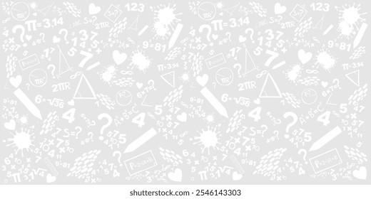 Conceptos matemáticos de fondo. Concepto de educación. Patrón escolar sin fisuras con fórmulas matemáticas, cálculos y cifras. Álgebra, geometría, estadística, matemáticas básicas. Ilustración vectorial