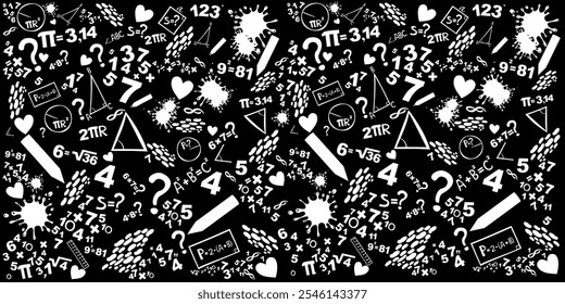 Mathematics concepts background. Concept of education. School  seamless pattern with math formulas, calculations and figures. Algebra, geometry, statistics, basic maths. Vector Illustration