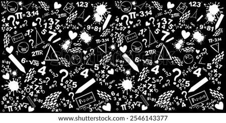 Mathematics concepts background. Concept of education. School  seamless pattern with math formulas, calculations and figures. Algebra, geometry, statistics, basic maths. Vector Illustration