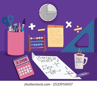 Mathematics conceptual vector illustration  Cartoon math elements and also algebra calculator