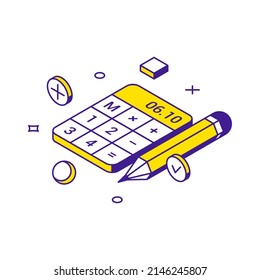 Recuento matemático con la calculadora aprendizaje exitoso con la ilustración vectorial isométrica del icono 3d del lápiz. Los datos de contabilidad de las matemáticas financieras calculan el equipo electrónico para la educación de las escuelas de negocios