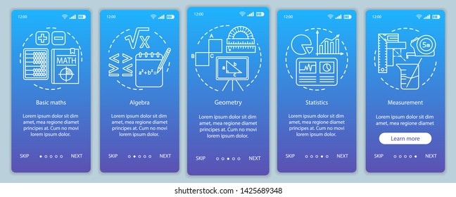 Mathematics courses, learning maths onboarding mobile app page screen vector template. Walkthrough website five steps with linear illustrations. UX, UI, GUI smartphone interface concept
