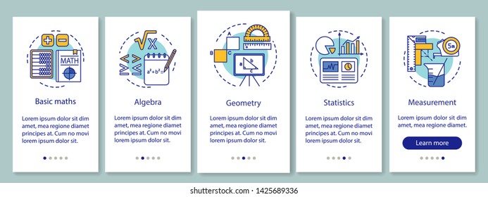 Mathematics courses onboarding mobile app page screen with linear concepts. Math lessons walkthrough five steps graphic instructions. UX, UI, GUI vector template with illustrations