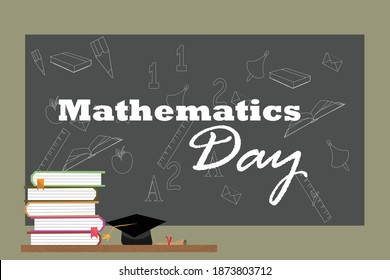 Mathematics Day December 22, vector illustration with books and chalkboard background.