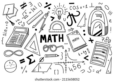 Mathematics Doodle. Hand drawn vector school set.