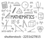 Mathematics doodle set. Education and study concept. School equipment, maths formulas in sketch style. Hand drawn ector illustration isolated on white background