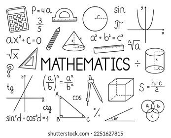 Mathematics doodle set. Education and study concept. School equipment, maths formulas in sketch style. Hand drawn ector illustration isolated on white background