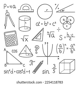 Mathematics doodle set. Education and study concept. School equipment, maths formulas in sketch style. Hand drawn ector illustration isolated on white background