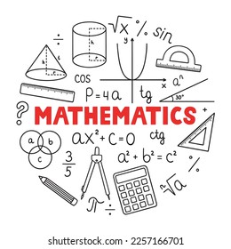 Mathematics doodle set. Education and study concept. School equipment, maths formulas in sketch style. Hand drawn ector illustration isolated on white background