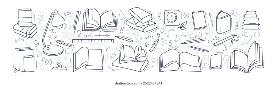 Mathematics doodle set, school education and open books. Scientific library, conference. Hand drawn sketch collection isolated on white background. Vector illustration. Editable stroke
