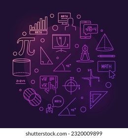 Mathematics Education concept vector thin line round colored banner. Math circular illustration with dark background