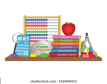 Mathematics education icon with teaching and learning tools on display