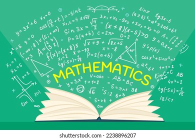 Mathematics education. Math formula. Doodle book. School learn. Children subjects. Kids exam. Geometry and algebra number functions. Opened notebook. Vector illustration nowaday concept