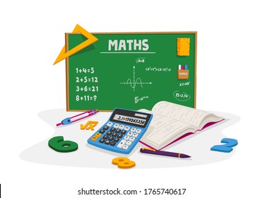 Mathematics Education and School Lesson Concept. Textbook or Notebook with Writings, Calculator, Pen and Compass around of Green Chalkboard with Tasks and Math Formulas. Cartoon Vector Illustration