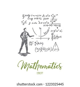 Mathematics, education, science, school, study concept. Hand drawn scientist and math formula concept sketch. Isolated vector illustration.
