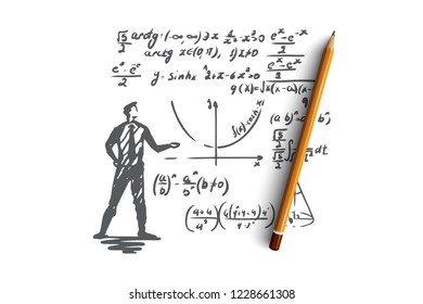 Mathematics, education, science, school, study concept. Hand drawn scientist and math formula concept sketch. Isolated vector illustration.