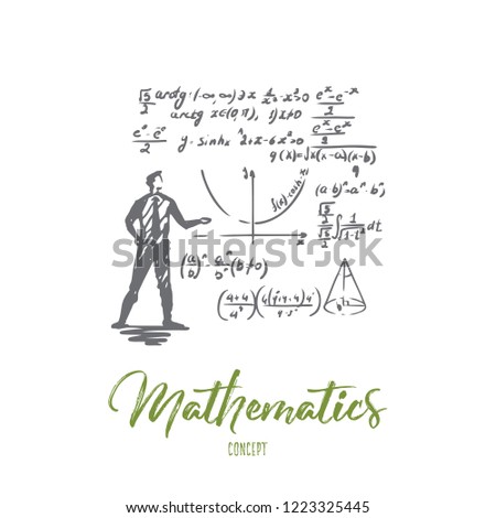 Mathematics, education, science, school, study concept. Hand drawn scientist and math formula concept sketch. Isolated vector illustration.