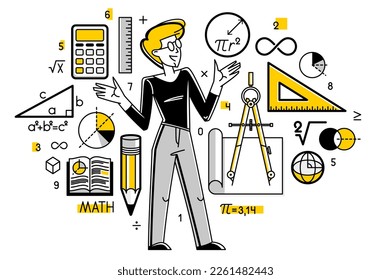 Mathematics education vector with student learning math or teacher explaining lesson, mathematician working on some theoretical science.