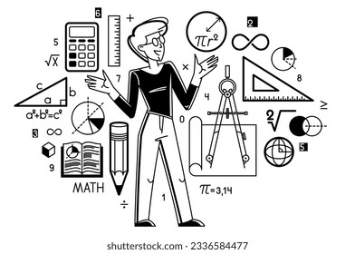 Mathematics education vector with student learning math or teacher explaining lesson, mathematician working on some theoretical science.