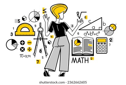 Mathematics education vector with student learning math or teacher explaining lesson, mathematician working on some theoretical science.