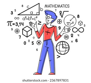 Mathematics education vector with student learning math or teacher explaining lesson, mathematician working on some theoretical science.