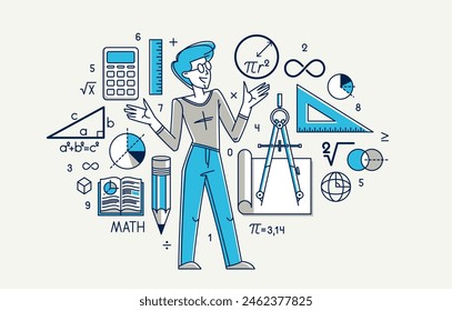 Mathematics education vector with student learning math or teacher explaining lesson, mathematician working on some theoretical science.