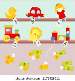 Mathematics educational children activity. Study counting and money for kids and preschool. Toy shop game.