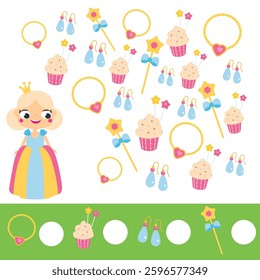 Mathematics educational children game. Counting objects. Study numbers, addition. Princess theme kids math activity