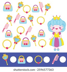 Mathematics educational children game. Counting objects. Study numbers, addition. Princess theme kids math activity