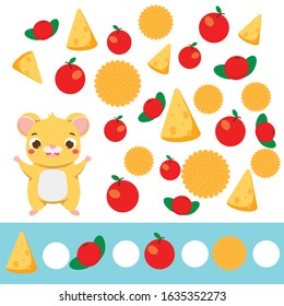Mathematics educational children game. Study counting, numbers, addition. help hamster count food