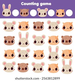 Mathematics educational children game. Study counting, numbers, addition for kids. Count cute animals faces