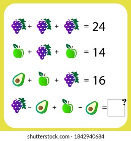 Mathematics Educational Game For Children. Advanced Level. Learning Multiplication, Addition, Subtraction Equations Worksheet For Kids. Math Puzzle With Fruits And Food. For Logical Thinking.