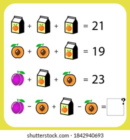 Juego educativo de matemáticas para niños. Nivel avanzado. Hoja de trabajo de multiplicación, adición, ecuaciones de resta de aprendizaje para niños. Rompecabezas matemático con frutas y comida. Por pensamiento lógico.