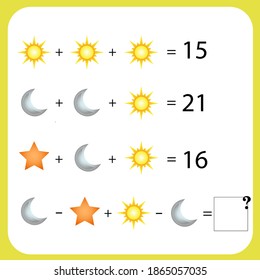 Mathematics educational game for children. Advanced level. Learning multiplication, addition, subtraction equations worksheet for kids. Math Puzzle with fruits and toys. For logical thinking.