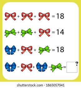 Mathematics educational game for children. Advanced level. Learning multiplication, addition, subtraction equations worksheet for kids. Math Puzzle with fruits and toys. For logical thinking.