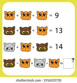 Mathematics educational game for children. Advanced level. Learning multiplication, addition, subtraction equations worksheet for kids. Math Puzzle with fruits and toys. For logical thinking.