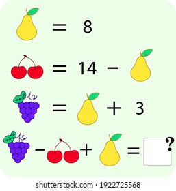 Mathematics educational game for children. Advanced level. Learning multiplication, addition, subtraction equations worksheet for kids. Math Puzzle with fruits and toys. For logical thinking.