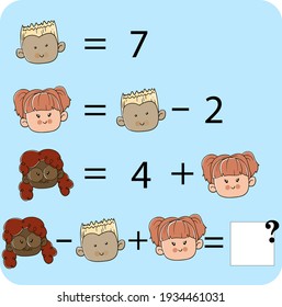 Mathematics educational game for children. Advanced level. Learning multiplication, addition, subtraction equations worksheet for kids. Math Puzzle with fruits and food. For logical thinking.