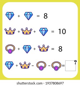 Mathematics educational game for children. Advanced level. Learning multiplication, addition, subtraction equations worksheet for kids. Math Puzzle with fruits and toys. For logical thinking.