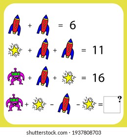 Mathematics educational game for children. Advanced level. Learning multiplication, addition, subtraction equations worksheet for kids. Math Puzzle with fruits and toys. For logical thinking.