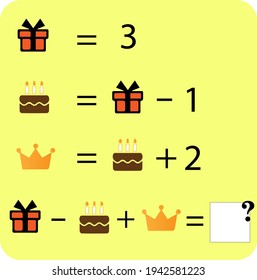 Mathematics educational game for children. Advanced level. Learning multiplication, addition, subtraction equations worksheet for kids. Math Puzzle with fruits and food. For logical thinking.