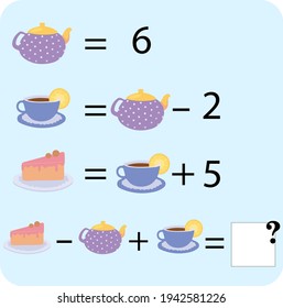 Mathematik pädagogisches Spiel für Kinder. Fortgeschrittene Stufe. Lernmultiplikation, Addition, Subtraktion Gleichungen Arbeitsblatt für Kinder. Mathe Puzzle mit Früchten und Essen. Für logisches Denken.